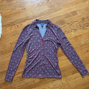 Ann Taylor Burgundy and Blue Diamond Button Down Shirt